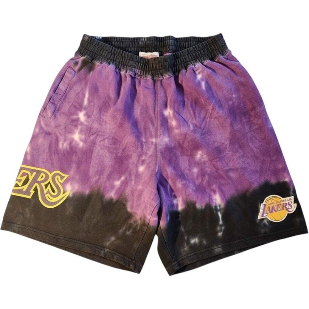 Retro LA Lakers Mitchell & Ness Purple‎ Black Tie Dye Sweat Shorts Size Large